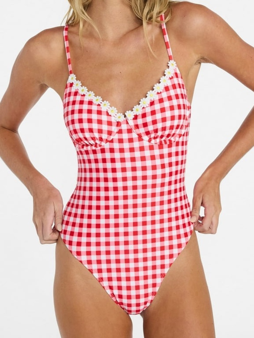 No Boundaries women's underwire one-piece swimsuit Red and white gingham check.